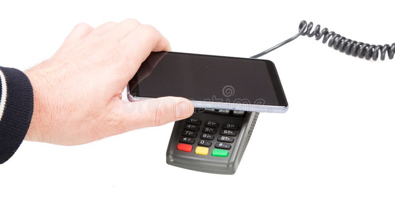 Cropped image hand man making payment with smartphone using NFC technology stock photos