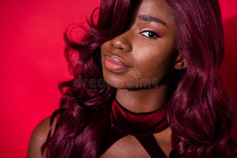 Cropped Photo of Dark Skin Young Woman Pretty Hair Wig Charming Luxury Lady  on Red Color Background Stock Photo - Image of expression, glamour:  216552244