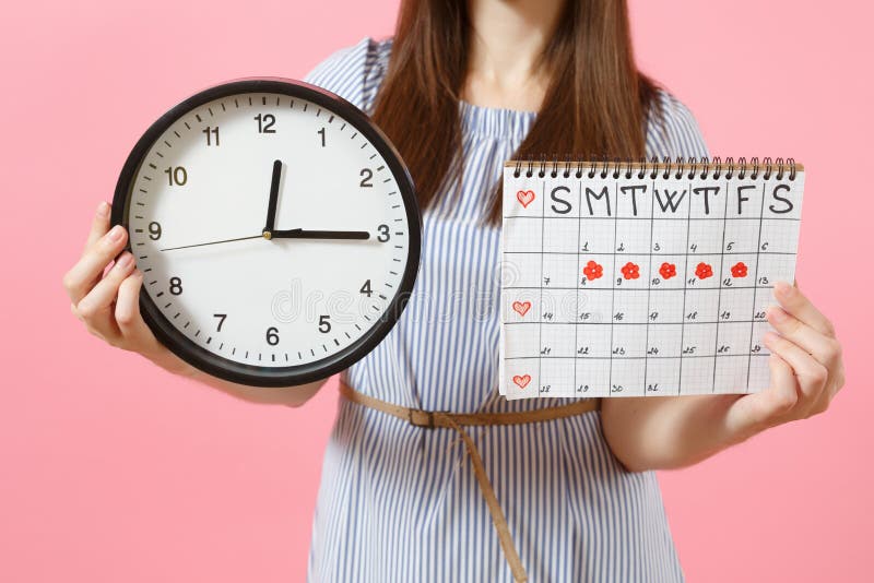 Cropped Photo Of Woman In Blue Dress Holding Round Clock Periods