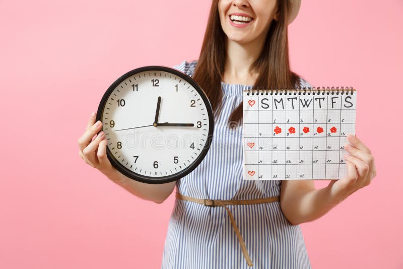 Cropped Photo Of Woman In Blue Dress Holding Round Clock Periods