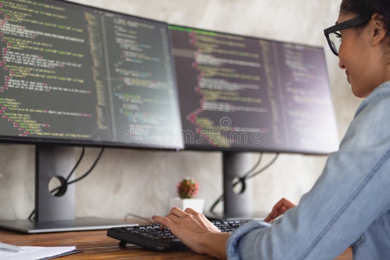 Cropped photo of young girl professional hacker write keyboard debugging loft interior modern office indoors royalty free stock photos
