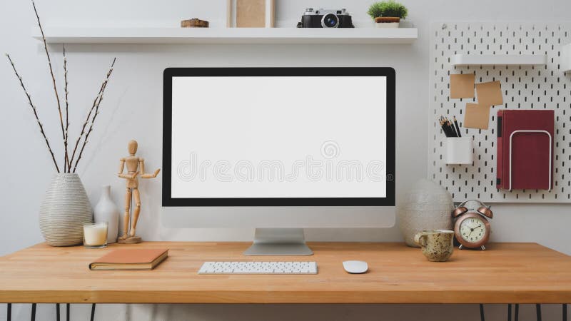 Cropped Shot of Blank Screen Desktop Computer with Office Supplies and ...