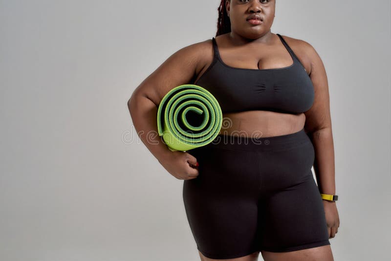 Yoga Time. Cropped Shot of Plump, Plus Size African American Woman in Holding Green Yoga Mat for Fitness Stock Photo - Image of plus, 187888930