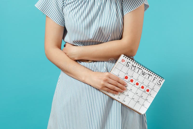Cropped Shot Sickness Woman In Blue Dress Holding Periods Calendar For