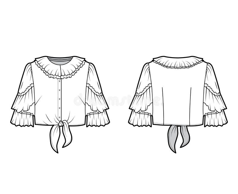 Tie-front Blouse Technical Fashion Illustration with Lapel Notched ...