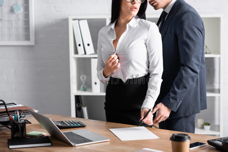 Businessman Seducing Brunette Secretary Standing Stock Image Image Of