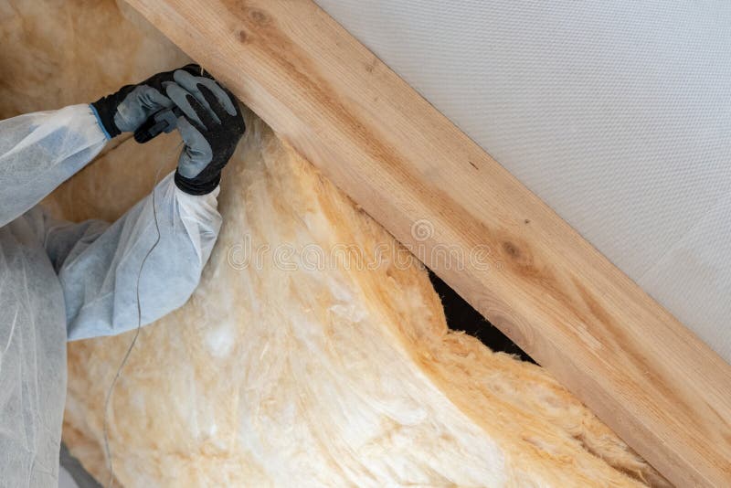 Man Installing Fiberglass Insulation Stock Image Image of carpenter
