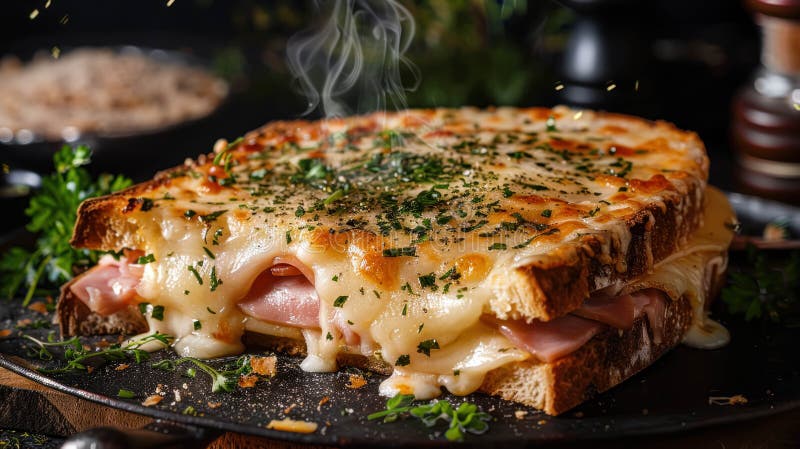 French Croque Monsieur Dish, Fried Boiled Ham And Cheese Sandwich, It Is Topped with Melted Cheese and Baked Under a Grill Traditional French Dish Promotion Background. French Croque Monsieur Dish, Fried Boiled Ham And Cheese Sandwich, It Is Topped with Melted Cheese and Baked Under a Grill Traditional French Dish Promotion Background