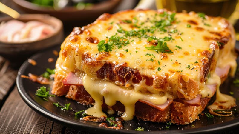 French Croque Monsieur Dish, Fried Boiled Ham And Cheese Sandwich, It Is Topped with Melted Cheese and Baked Under a Grill Traditional French Dish Promotion Background. French Croque Monsieur Dish, Fried Boiled Ham And Cheese Sandwich, It Is Topped with Melted Cheese and Baked Under a Grill Traditional French Dish Promotion Background