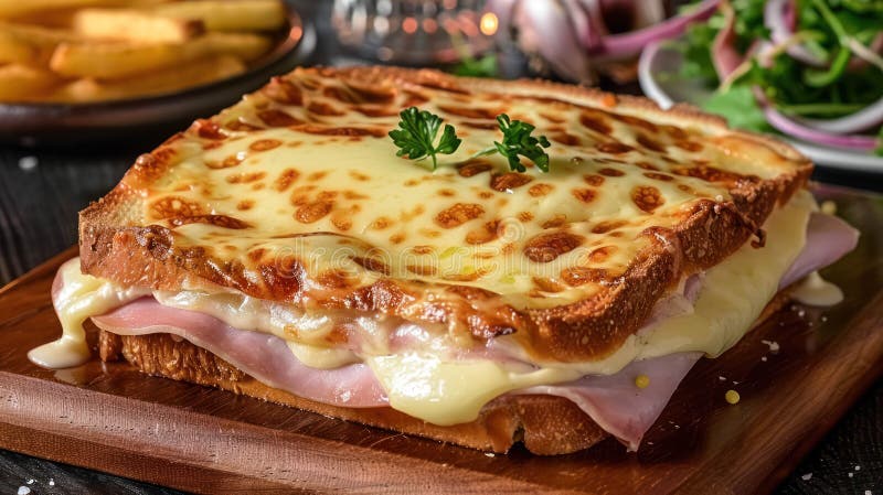 French Croque Monsieur Dish, Fried Boiled Ham And Cheese Sandwich, It Is Topped with Melted Cheese and Baked Under a Grill Traditional French Dish Promotion Background. French Croque Monsieur Dish, Fried Boiled Ham And Cheese Sandwich, It Is Topped with Melted Cheese and Baked Under a Grill Traditional French Dish Promotion Background