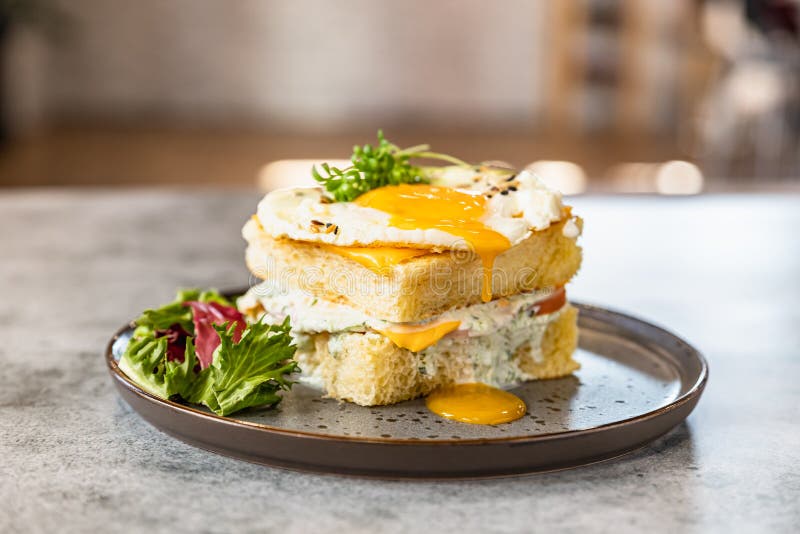 Croque Madame Hot French Sandwich With Ham Melted Cheese Fried Egg