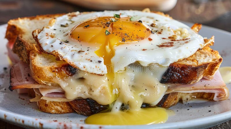 French Croque Madame Dish, Similar To The French Croque Monsieur But With the Addition of a Fried Egg on Top Traditional French Dish Promotion Background. French Croque Madame Dish, Similar To The French Croque Monsieur But With the Addition of a Fried Egg on Top Traditional French Dish Promotion Background