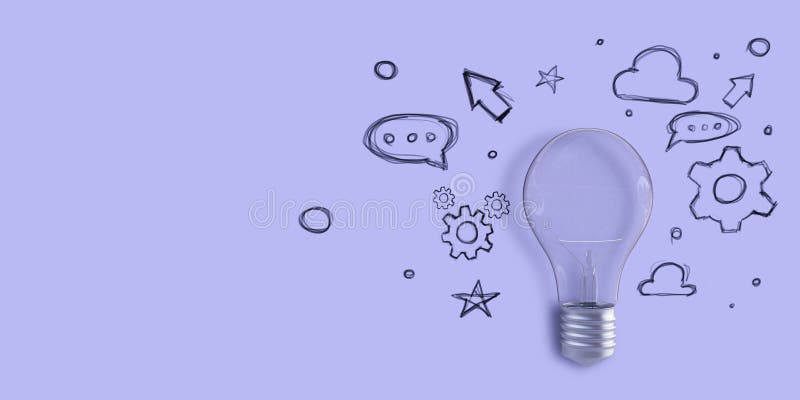 Creative light bulb sketch with icons on lavender background with mock up place. Idea, innovation and creativity concept. 3D Rendering. Creative light bulb sketch with icons on lavender background with mock up place. Idea, innovation and creativity concept. 3D Rendering