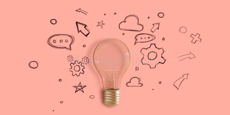 Creative light bulb sketch with icons on pink background. Idea, innovation and creativity concept. 3D Rendering. Creative light bulb sketch with icons on pink background. Idea, innovation and creativity concept. 3D Rendering