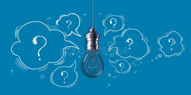 Creative light bulb sketch with questions on blue background. Idea, innovation and creativity concept. 3D Rendering. Creative light bulb sketch with questions on blue background. Idea, innovation and creativity concept. 3D Rendering