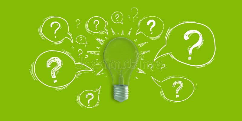 Creative light bulb sketch with questions on green background. Idea, innovation and creativity concept. 3D Rendering. Creative light bulb sketch with questions on green background. Idea, innovation and creativity concept. 3D Rendering