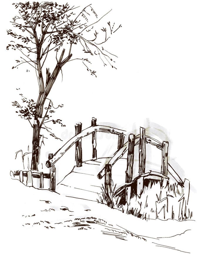 Croquis d'un vieux pont en bois. dessin avec crayon illustration libre de droits