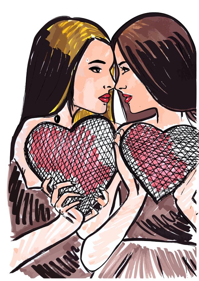 Croquis dans les femmes lesbiennes de jour de valentines d'amour avec le coeur illustration stock Croquis dans les femmes lesbiennes de jour de valentines d'amour avec le coeur illustration stock