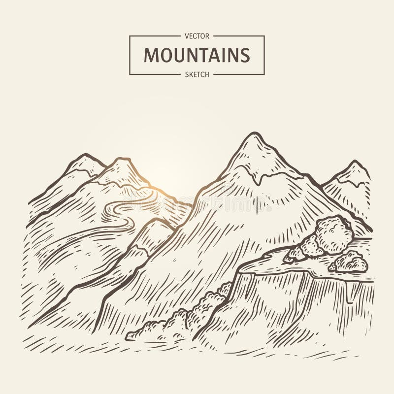 Croquis de paysage de montagnes Silhouette de montagnes de vecteur avec des roches de taille illustration stock Croquis de paysage de montagnes Silhouette de montagnes de vecteur avec des roches de taille illustration stock