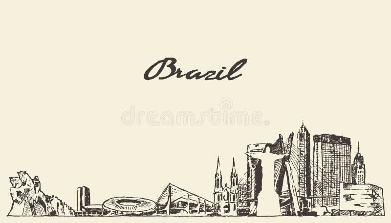 Brazil skyline vintage vector engraved illustration hand drawn sketch. Brazil skyline vintage vector engraved illustration hand drawn sketch