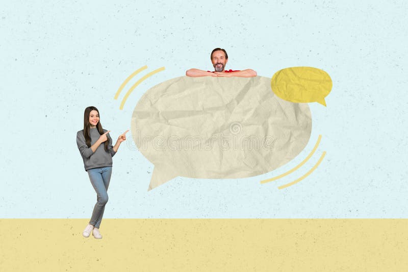 Sketch image composite collage of two people man lady couple friends talk mind speech box girl show gesture finger guy appear from cloud. Sketch image composite collage of two people man lady couple friends talk mind speech box girl show gesture finger guy appear from cloud.