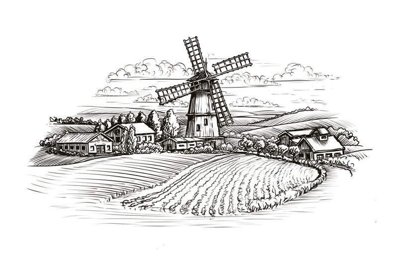 Rural landscape sketch. Farm, windmill and field. Vintage illustration isolated on white background. Rural landscape sketch. Farm, windmill and field. Vintage illustration isolated on white background