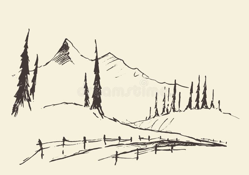 Croquis rural de vecteur de route de collines tirées de paysage illustration de vecteur Croquis rural de vecteur de route de collines tirées de paysage illustration de vecteur