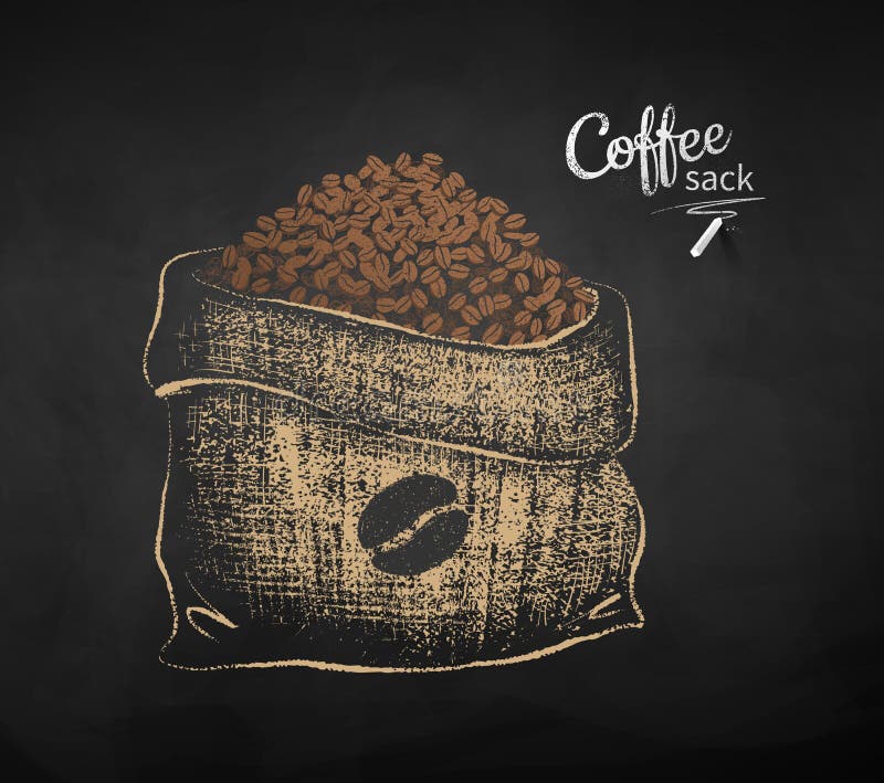 Croquis tiré de craie de sac ouvert avec des grains de café illustration stock Croquis tiré de craie de sac ouvert avec des grains de café illustration stock