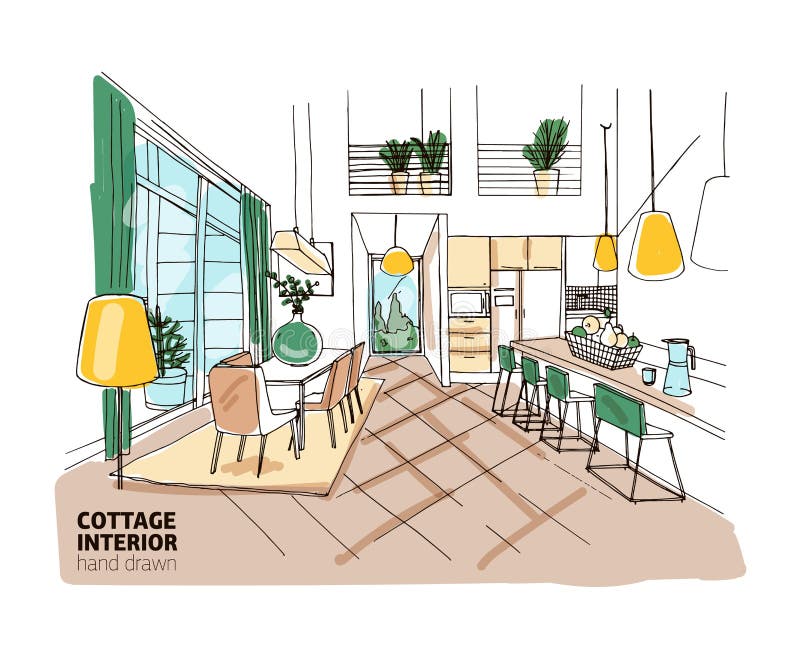 Croquis à main levée coloré de manoir ou d'intérieur de cottage d'été avec les meubles confortables élégants et les décorations à illustration de vecteur Croquis à main levée coloré de manoir ou d'intérieur de cottage d'été avec les meubles confortables élégants et les décorations à illustration de vecteur
