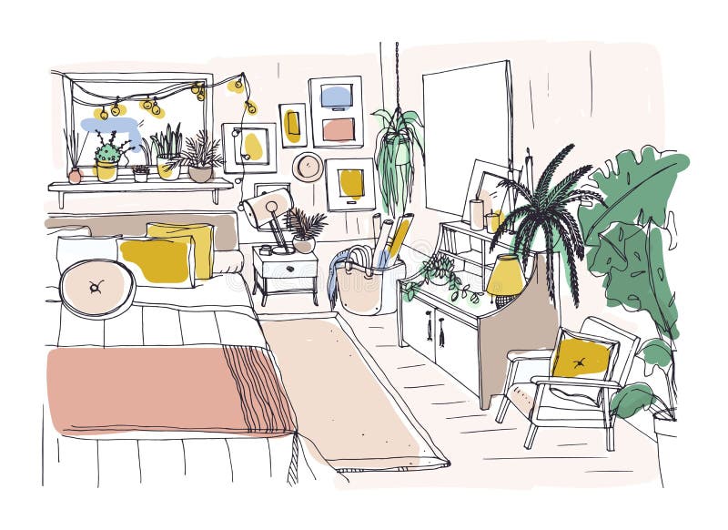 Croquis à main levée de chambre à coucher confortable meublé dans le style scandinave Pièce complètement des meubles et de la mai illustration libre de droits Croquis à main levée de chambre à coucher confortable meublé dans le style scandinave Pièce complètement des meubles et de la mai illustration libre de droits
