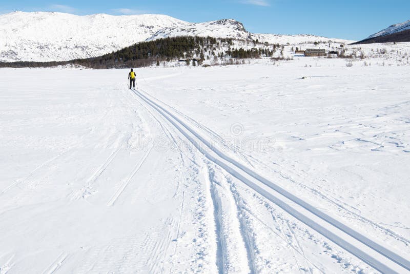 A cross country skier, on the way in a splendid, breathtaking winter landscape with best prepared tracks - Norway, Jotunheim. A cross country skier, who is on