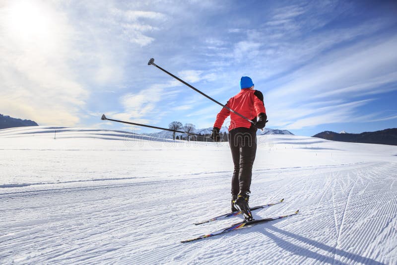 A man cross-country skiing on the trail in Bavaria