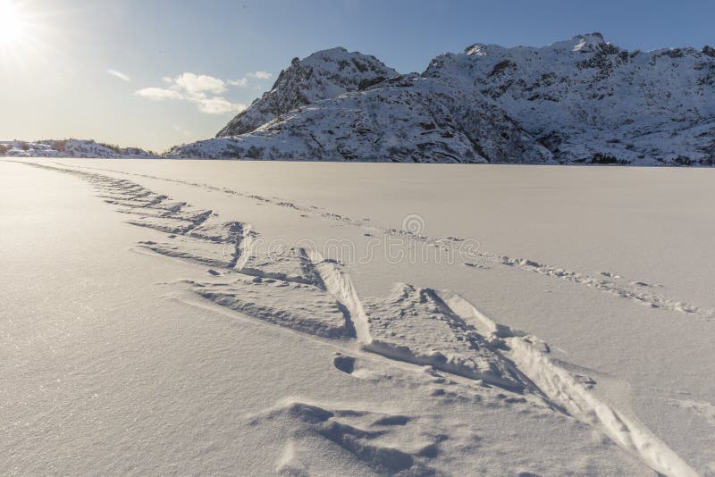 Cross country skiing track on frozen lake with fresh winter snow with bright sunshine on synny day. Lofoten, Norway. Cross country skiing track on frozen lake with fresh winter snow with bright sunshine on synny day. Lofoten, Norway