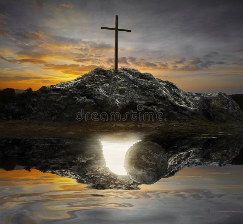 A single cross with the reflection of an empty tomb. A single cross with the reflection of an empty tomb.