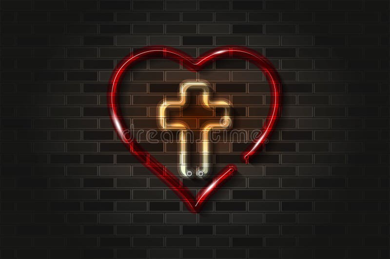 Cross and heart, Jesus in the heart glowing neon sign or glass tube on a black brick wall. Realistic vector art