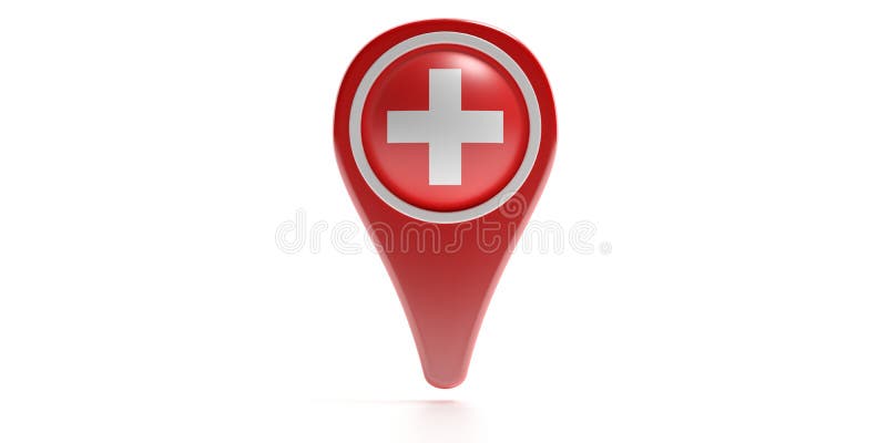 Cross icon on a red color map pointer isolated against white background. 3d illustration royalty free illustration