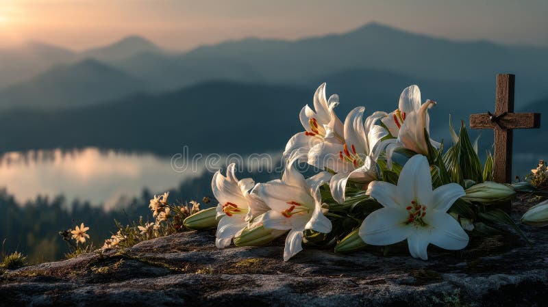 Cross and lilies at the Easter sunrise. image stock photos