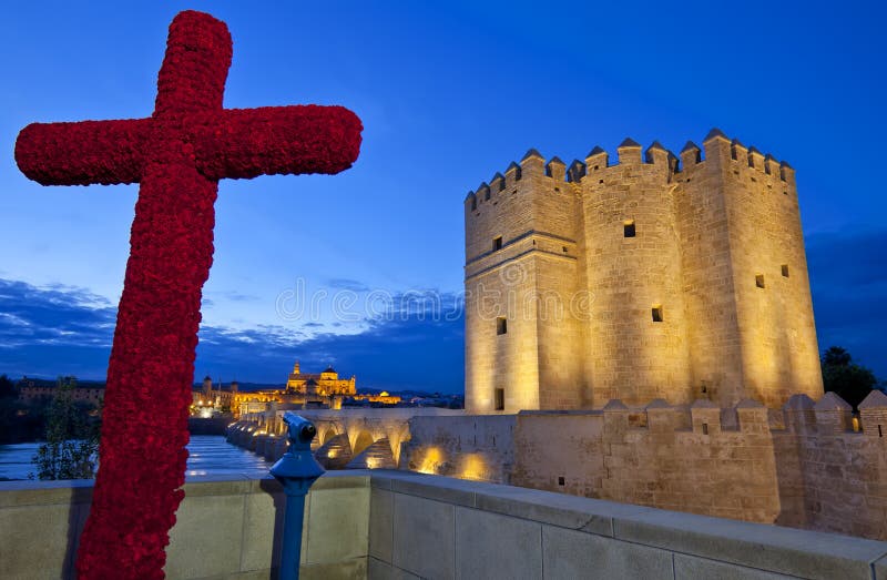 Cross of May, Roman Bridge, Mezquita Cathedral and Calahorra tower, Cordoba, Andalusia stock photo Cross of May, Roman Bridge, Mezquita Cathedral and Calahorra tower, Cordoba, Andalusia stock photo