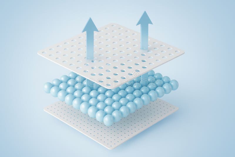 Cross-section of a breathable material composed of multiple layers, including small spheres, with two upward-pointing arrows indicating airflow and breathability. Membrane diffusion stock images, royalty-free photos and pictures