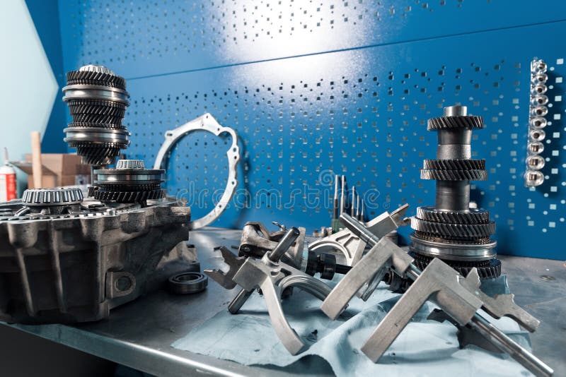 Crosssection of a Car Gearbox. Mechanic Work in the Garage Stock Image