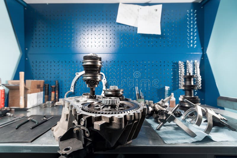 Crosssection of a Car Gearbox. Mechanic Work in the Garage Stock Photo