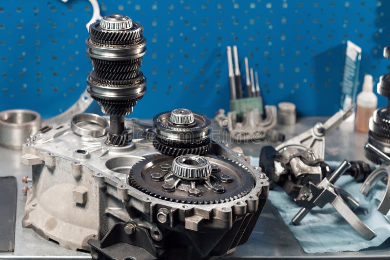 Crosssection of a Car Gearbox. Mechanics Work in the Garage. Hand