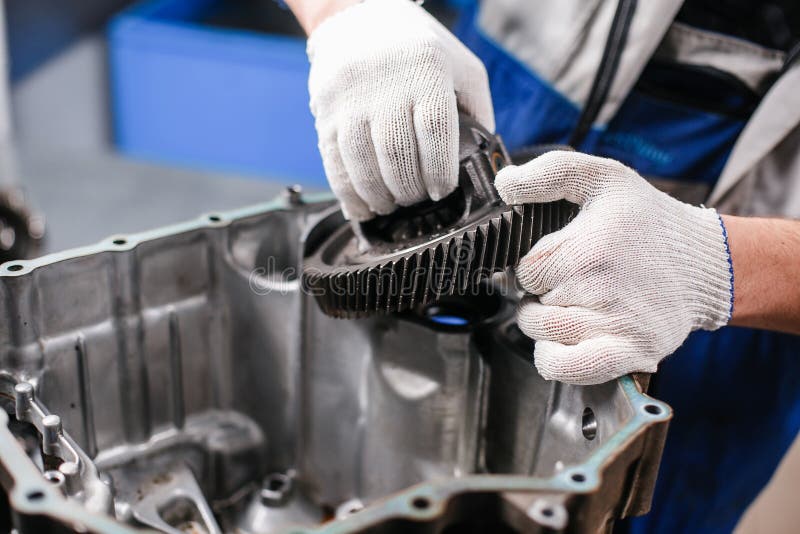 Crosssection of a Car Gearbox. Mechanics Work in the Garage Stock