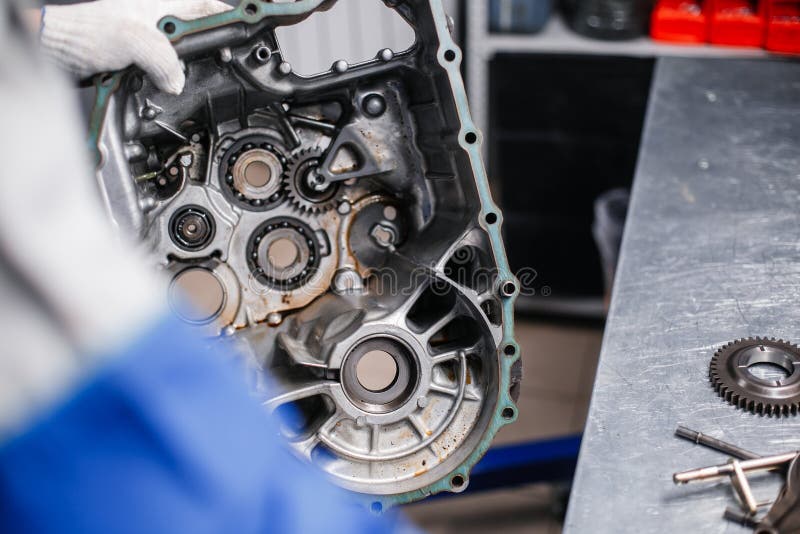 Crosssection of a Car Gearbox. Mechanics Work in the Garage Stock