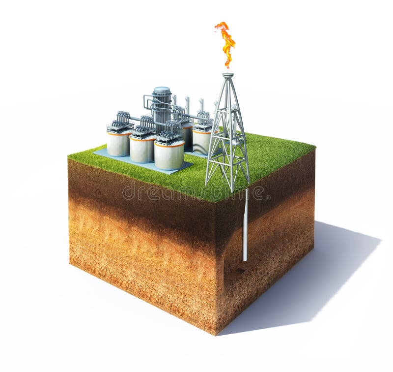 Cross section of ground with grass and oil or gas refinery