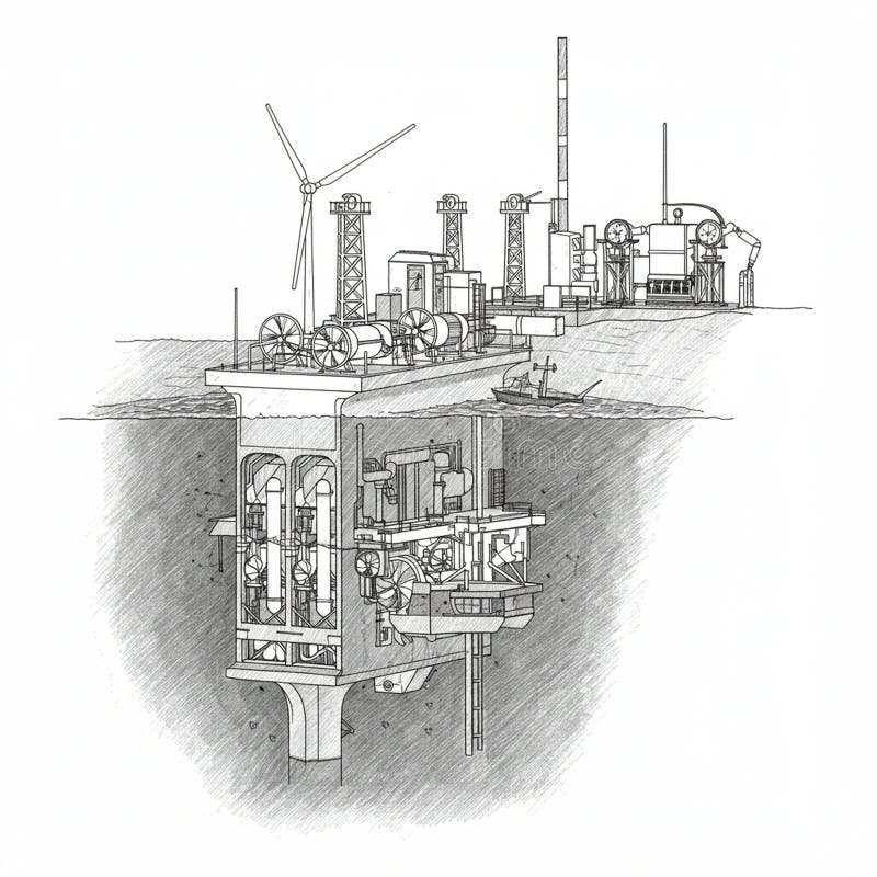 Cross-section illustration of an advanced offshore drilling platform. Above water royalty free illustration