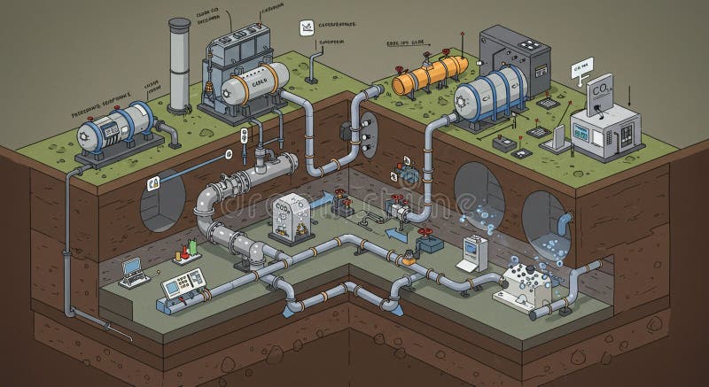 Cross-section illustration of an underground mechanical system. Features include stock illustration