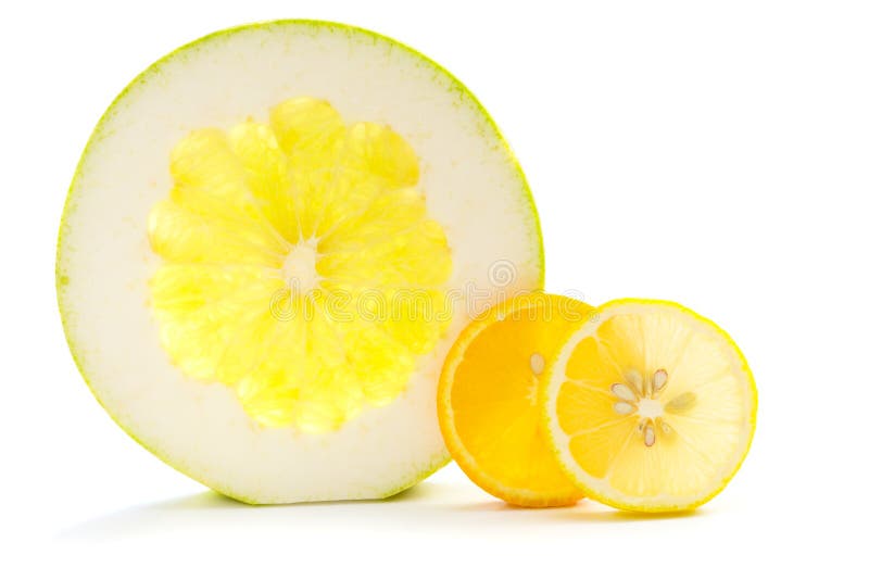 Cross Section of Pommel, Orange and Lemon, on White Stock Photo Image