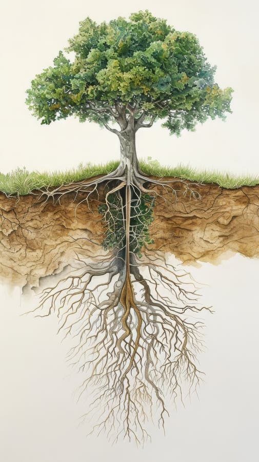 Cross-section of soil showing a tree with exposed roots stock image