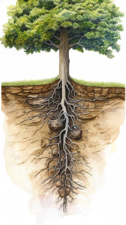 Cross section of a tree showing detailed roots and soil layers stock image